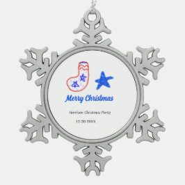 Merry Christmas blue star red stockings name date  スノーフレークピューターオーナメント
