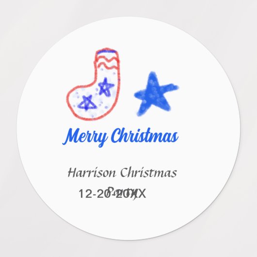 Merry Christmas blue star red stockings name date  ラベル (デザイン2)
