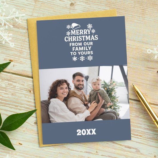 Merry Christmas blue white photo card シーズンカード