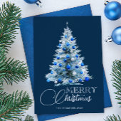 Merry Christmas Blue White Watercolor Tree シーズンカード