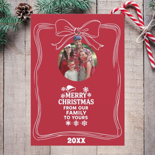 Merry Christmas bow red white modern photo card シーズンカード