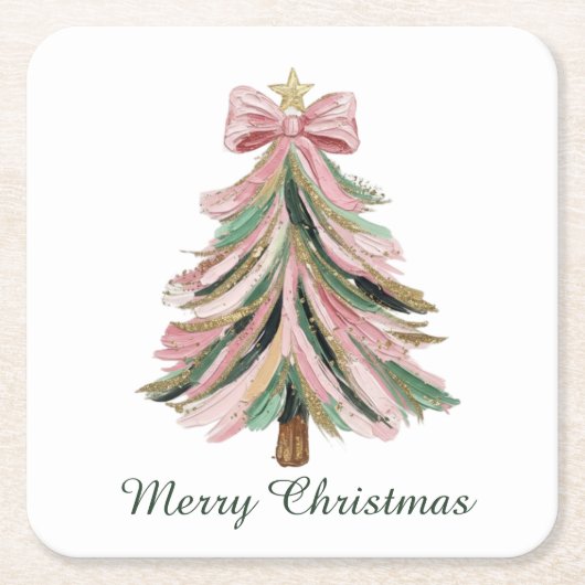 Merry Christmas Brushstroke Tree Paper Coaster Set スクエアペーパーコースター (正面)