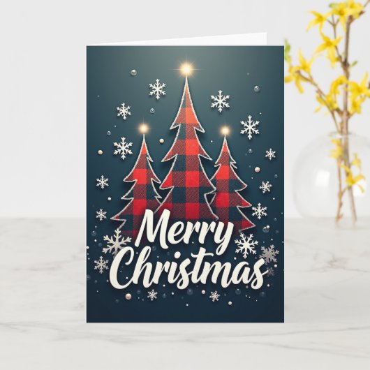 Merry Christmas Buffalo Plaid Trees Cozy Holiday カード (黄色い花)