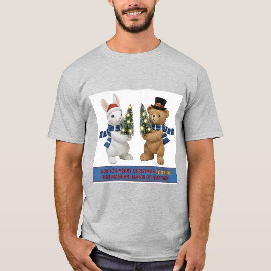 Merry Christmas Bunny and Bear Holding Trees T-Shi Tシャツ (正面)