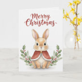 Merry Christmas Bunny Card Cute Rabbit in Red Cape カード (黄色い花)