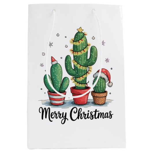 Merry Christmas Cactus Tree Festive Xmas Lights ミディアムペーパーバッグ (正面)