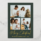 Merry Christmas Calligraphy Photo Modern Green 箔シーズンカード (正面)