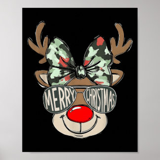Merry Christmas Camo Reindeer Bow Girl Women Kid H ポスター