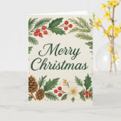 Merry Christmas Card Winter Florals Pine Branches カード (黄色い花)