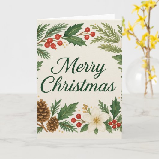 Merry Christmas Card Winter Florals Pine Branches  カード (黄色い花)