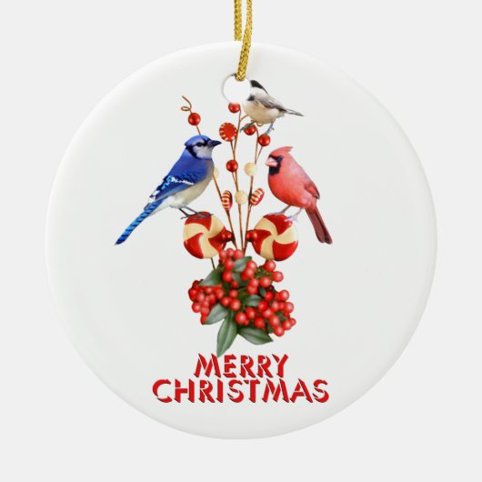 Merry Christmas Cardinal Blue Jay Chickadee セラミックオーナメント (正面)