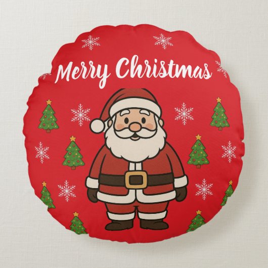 Merry Christmas Cartoon Santa Claus Fun Red ラウンドクッション (正面)