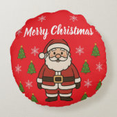 Merry Christmas Cartoon Santa Claus Fun Red ラウンドクッション (裏面)