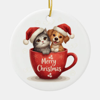 Merry Christmas Cat and Dog in Mug, Cute Pet セラミックオーナメント