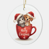 Merry Christmas Cat and Dog in Mug, Cute Pet セラミックオーナメント (左)