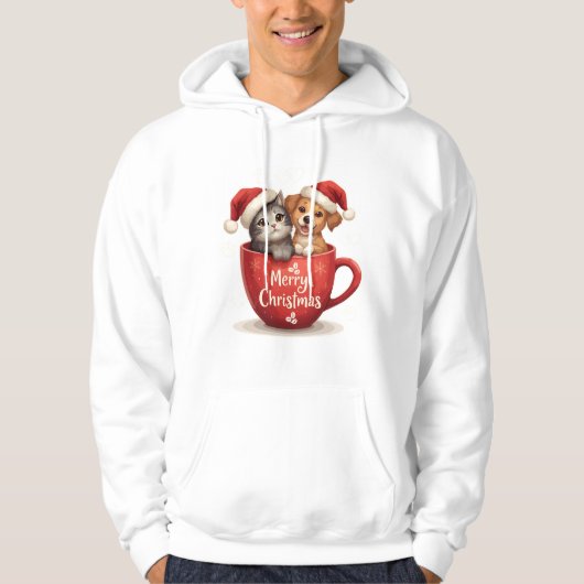 Merry Christmas Cat and Dog in Mug Hoodie Cute Pet パーカ (正面)