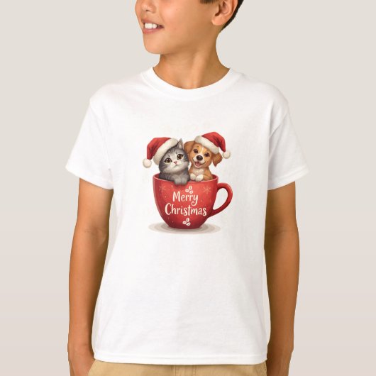 Merry Christmas Cat and Dog in Mug Shirt, Cute Pet Tシャツ (正面)