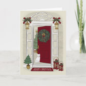 Merry Christmas Cat at the door Greeting Card シーズンカード (正面)