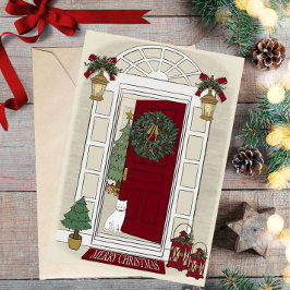 Merry Christmas Cat at the door Greeting Card シーズンカード