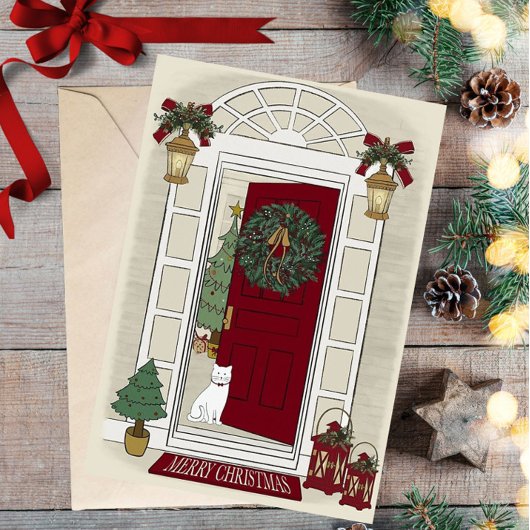 Merry Christmas Cat at the door Greeting Card シーズンカード