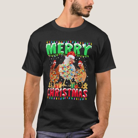 Merry Christmas Chicken  Santa Hat Lights  Xmas 1 Tシャツ (正面)