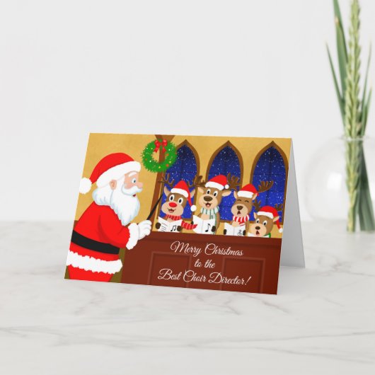 Merry Christmas Choir Director Santa with Reindeer カード (正面)