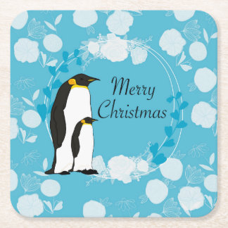 merry christmas, christmas,penguin,flowers スクエアペーパーコースター