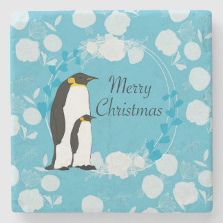 merry christmas, christmas,penguin,flowers ストーンコースター