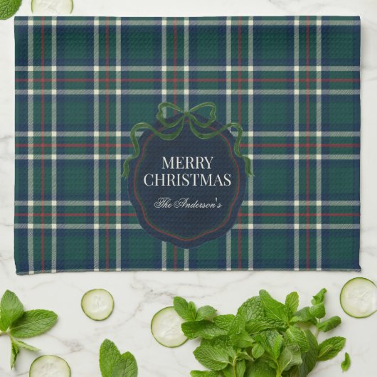 Merry Christmas Classic Preppy Tartan Plaid キッチンタオル (折り畳み)