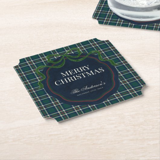 Merry Christmas Classic Preppy Tartan Plaid ペーパーコースター (アングル)