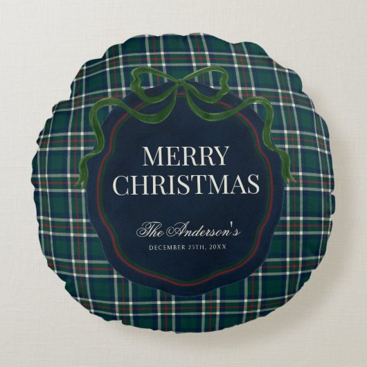 Merry Christmas Classic Preppy Tartan Plaid ラウンドクッション (正面)