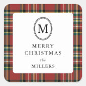 Merry Christmas Classic Red Plaid Monogram スクエアシール (正面)