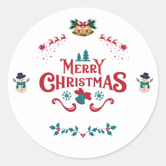 Merry Christmas Classic Reindeer Snowman Sticker ラウンドシール (正面)