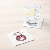 Merry Christmas Coaster with Pink Wreath and Bow スクエアペーパーコースター (インサイチュ)