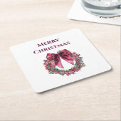 Merry Christmas Coaster with Pink Wreath and Bow スクエアペーパーコースター (アングル)