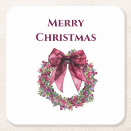 Merry Christmas Coaster with Pink Wreath and Bow スクエアペーパーコースター