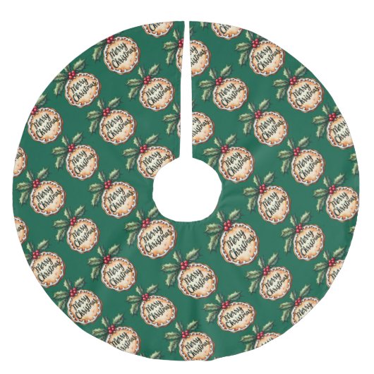 Merry Christmas Cookie with Holly Berries Green ブラッシュドポリエステルツリースカート (正面)