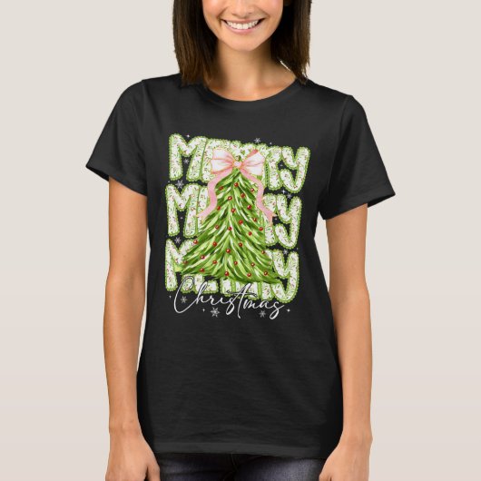 Merry Christmas Coquette Bow Tree Xmas Holiday Gir Tシャツ (正面)