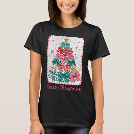Merry Christmas Coquette Bow Xmas Tree Holiday Gir Tシャツ (正面)
