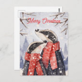 Merry Christmas Couple Badger Illustration ポストカード (正面/裏面)