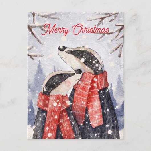 Merry Christmas Couple Badger Illustration ポストカード (正面)