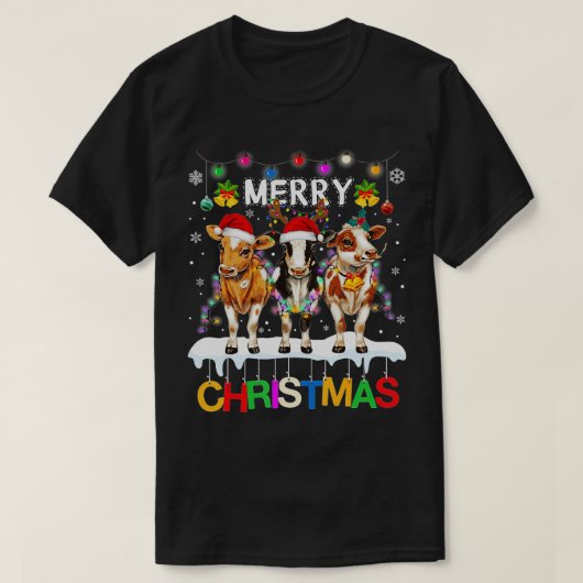 Merry Christmas Cow  Farmer Santa Hat Xmas Lights  Tシャツ (デザイン正面)