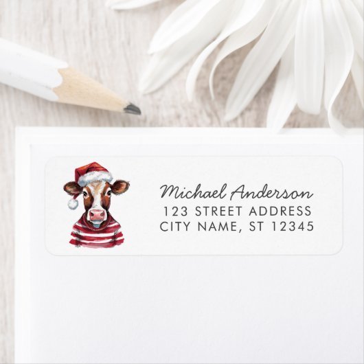 Merry Christmas Cow in Santa Hat Return Address    ラベル (インサイチュ)