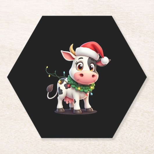 Merry Christmas Cow Santa Christmas Lights Cow Xma ペーパーコースター (正面)