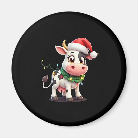 Merry Christmas Cow Santa Christmas Lights Cow Xma マグネット (正面)