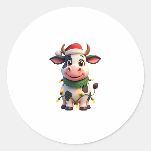 Merry Christmas Cow Santa Christmas Lights Cow Xma ラウンドシール (正面)