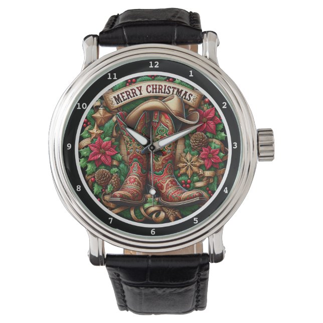 Merry Christmas Cowboy Boots on a Decorative Dial 腕時計 (正面)