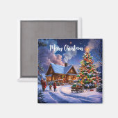 Merry Christmas Cozy Snowy Cabin in the Forest マグネット (正面/裏面)