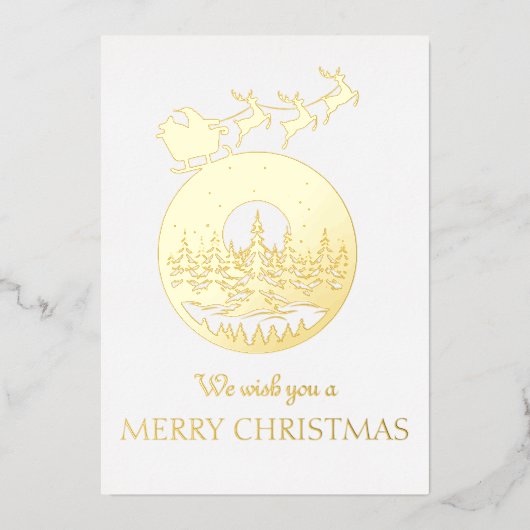 Merry Christmas Cute Custom Santa Sleigh and Trees 箔招待状 (正面)