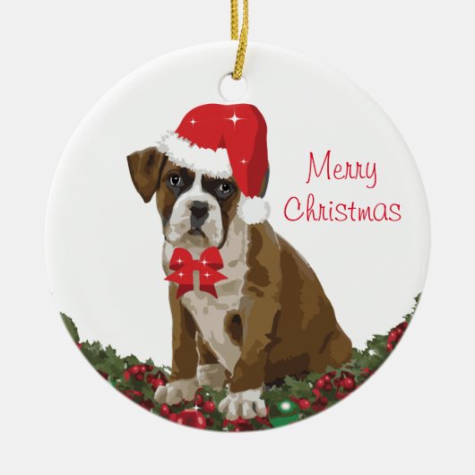 Merry Christmas Cute Dog Xmas Santa Hat Festive セラミックオーナメント (正面)